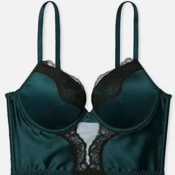 VICTORIA'S SECRET Very Sexy Push Up Corset Bra Green Satin Lace - Size 34DD NWT - Picture 2 of 16